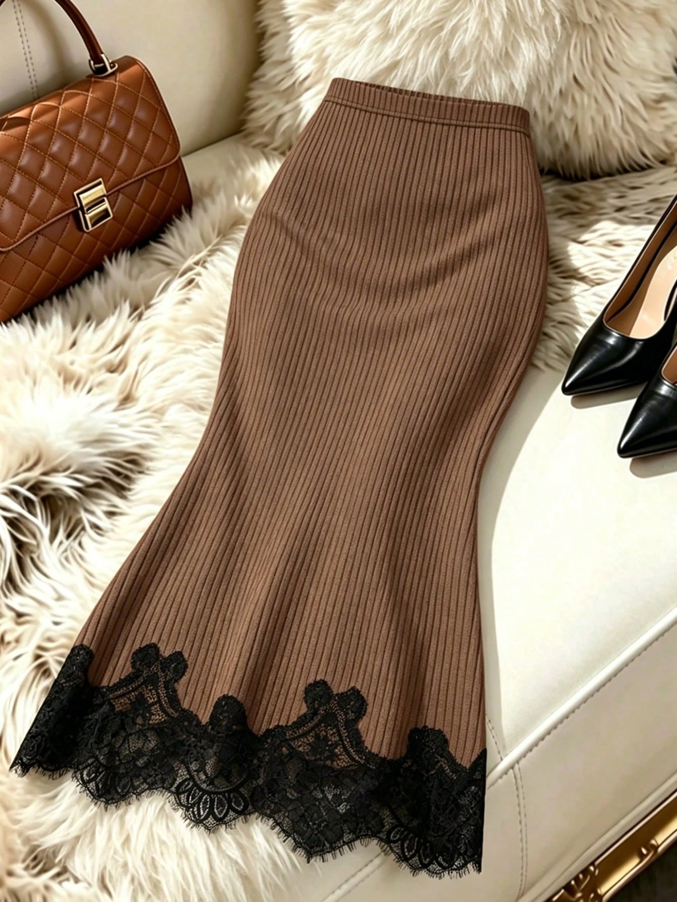 Elenzga Elegant Gentle Style Coffee Color Ribbed Lace Patchwork Fitted Bodycon Women's Skirt
