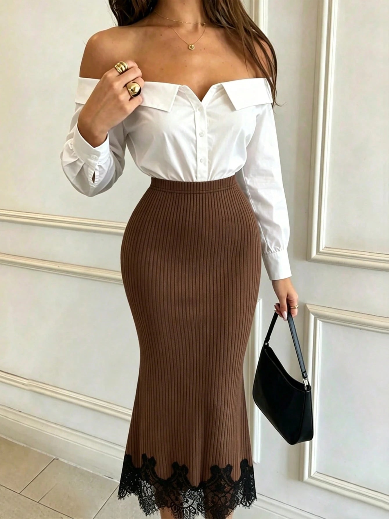 Elenzga Elegant Gentle Style Coffee Color Ribbed Lace Patchwork Fitted Bodycon Women's Skirt