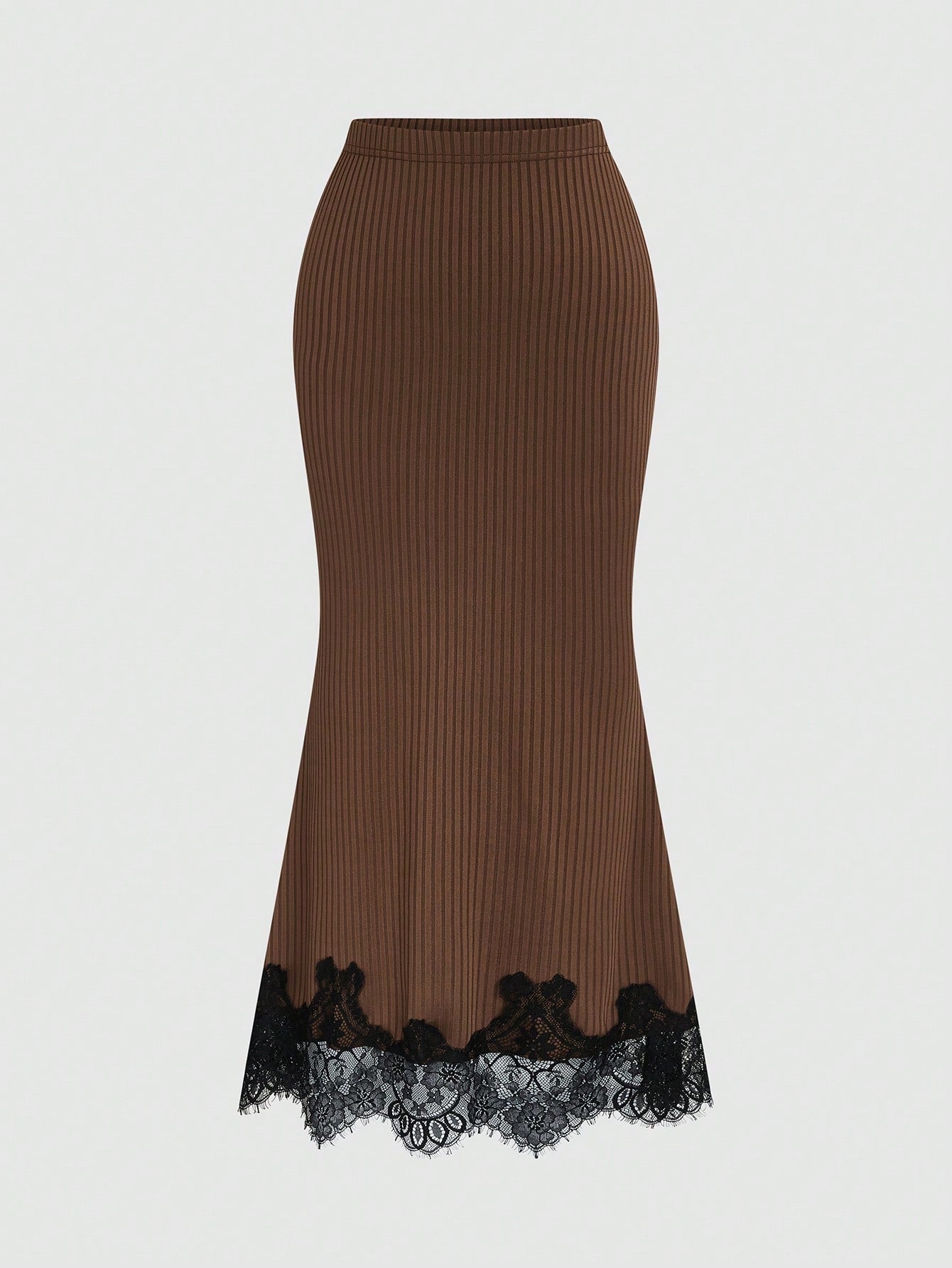 Elenzga Elegant Gentle Style Coffee Color Ribbed Lace Patchwork Fitted Bodycon Women's Skirt
