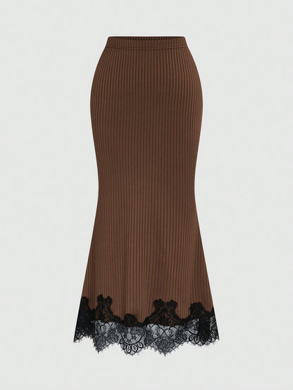 Elenzga Elegant Gentle Style Coffee Color Ribbed Lace Patchwork Fitted Bodycon Women's Skirt