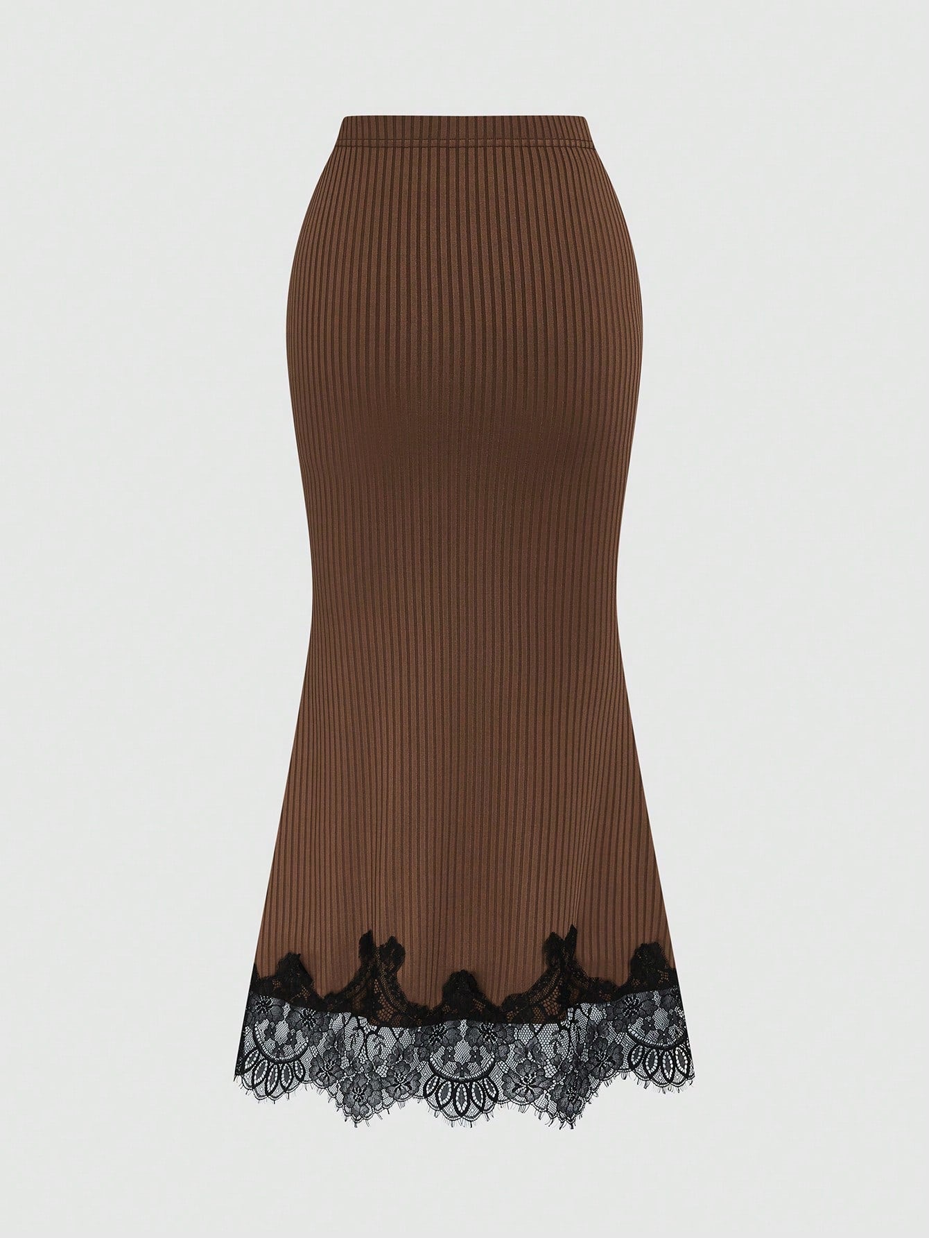 Elenzga Elegant Gentle Style Coffee Color Ribbed Lace Patchwork Fitted Bodycon Women's Skirt