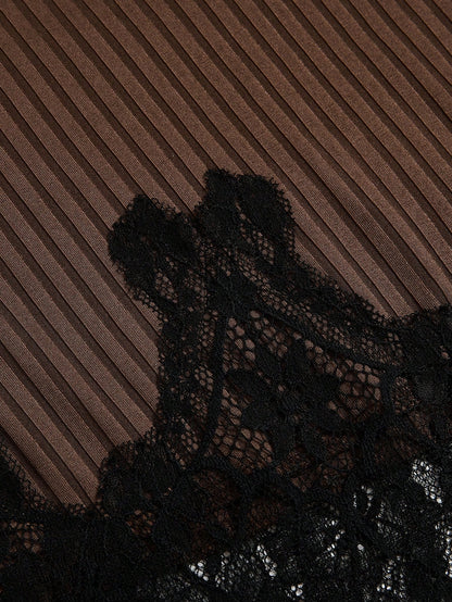 Elenzga Elegant Gentle Style Coffee Color Ribbed Lace Patchwork Fitted Bodycon Women's Skirt