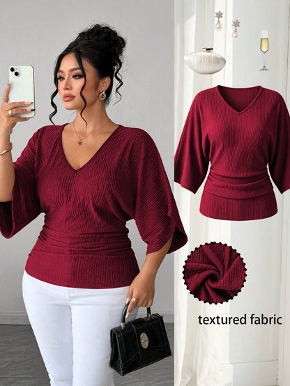 Elenzga Fashion Casual French Vintage Vacation Elegant Commute V-Neck Dolman Sleeve Cinched Waist Textured Fabric T-Shirt