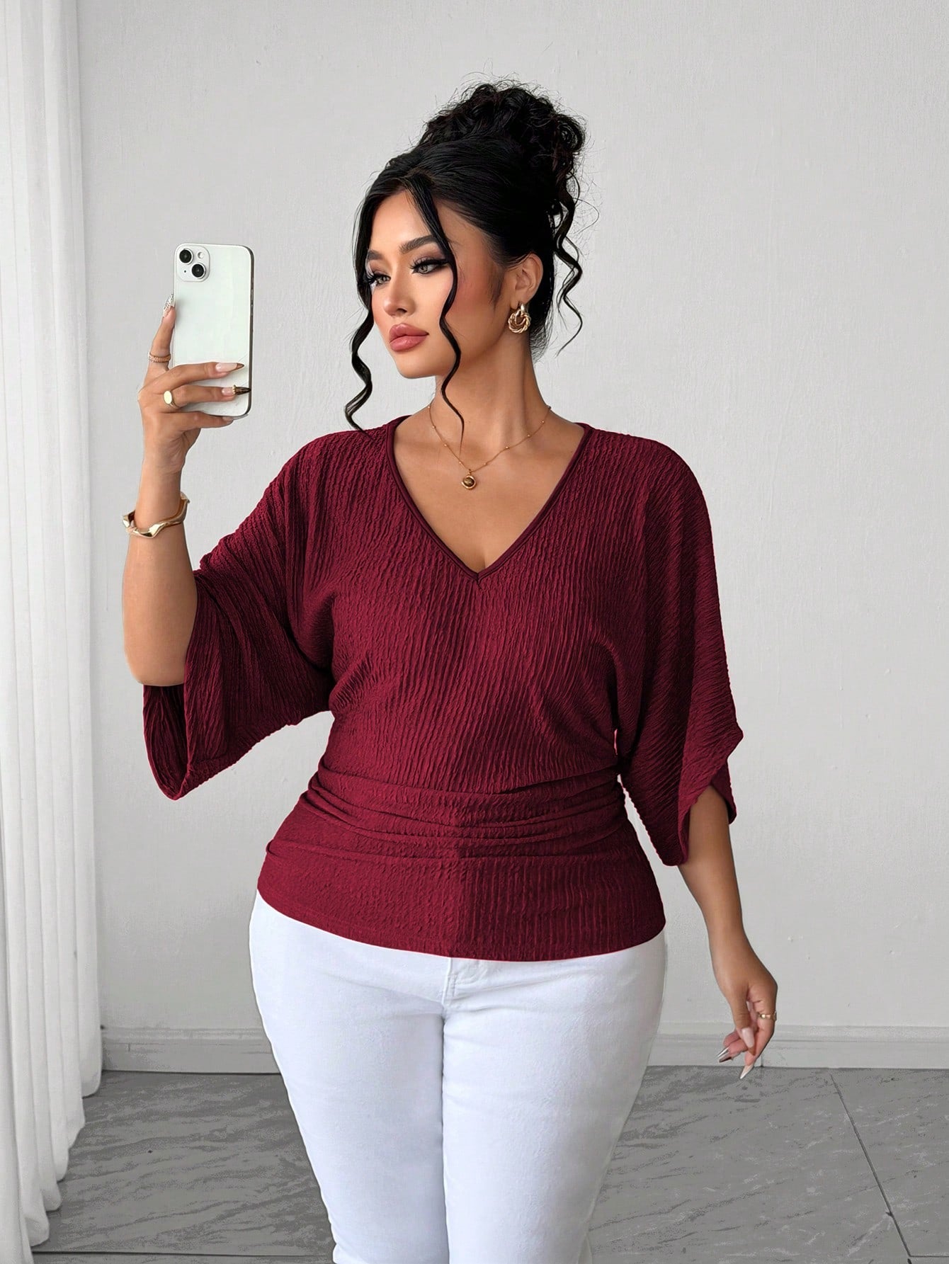 Elenzga Fashion Casual French Vintage Vacation Elegant Commute V-Neck Dolman Sleeve Cinched Waist Textured Fabric T-Shirt