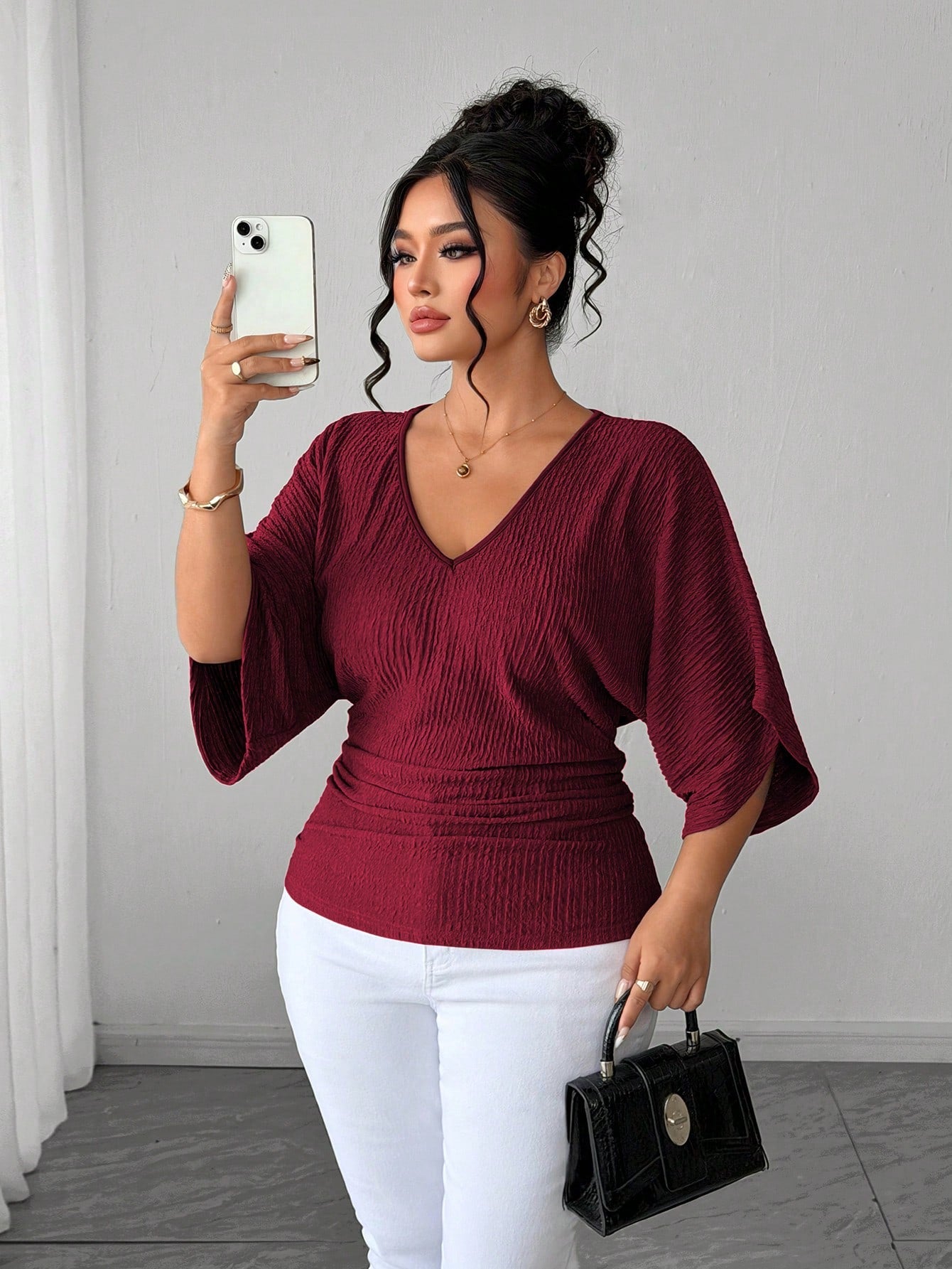 Elenzga Fashion Casual French Vintage Vacation Elegant Commute V-Neck Dolman Sleeve Cinched Waist Textured Fabric T-Shirt