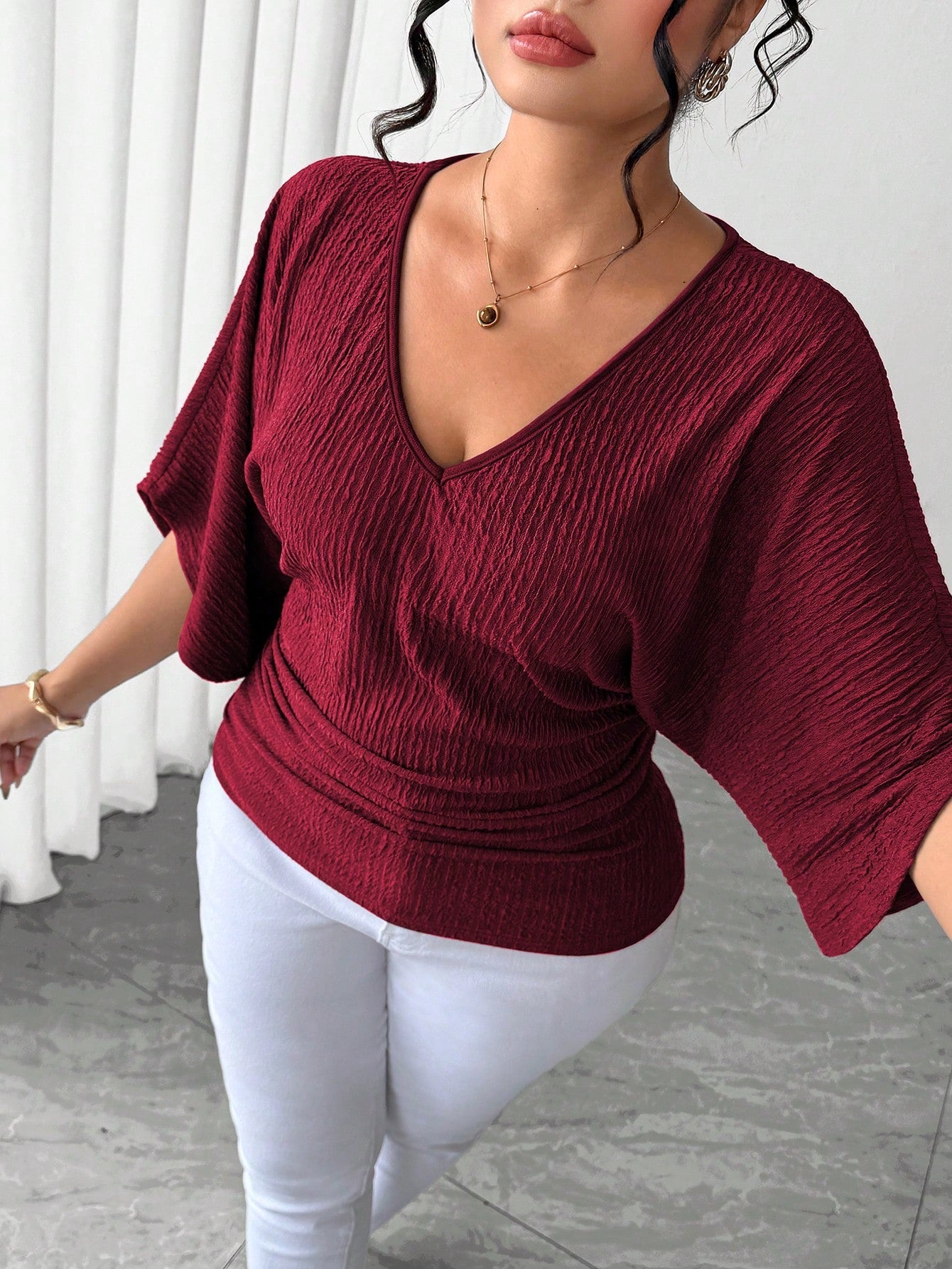 Elenzga Fashion Casual French Vintage Vacation Elegant Commute V-Neck Dolman Sleeve Cinched Waist Textured Fabric T-Shirt