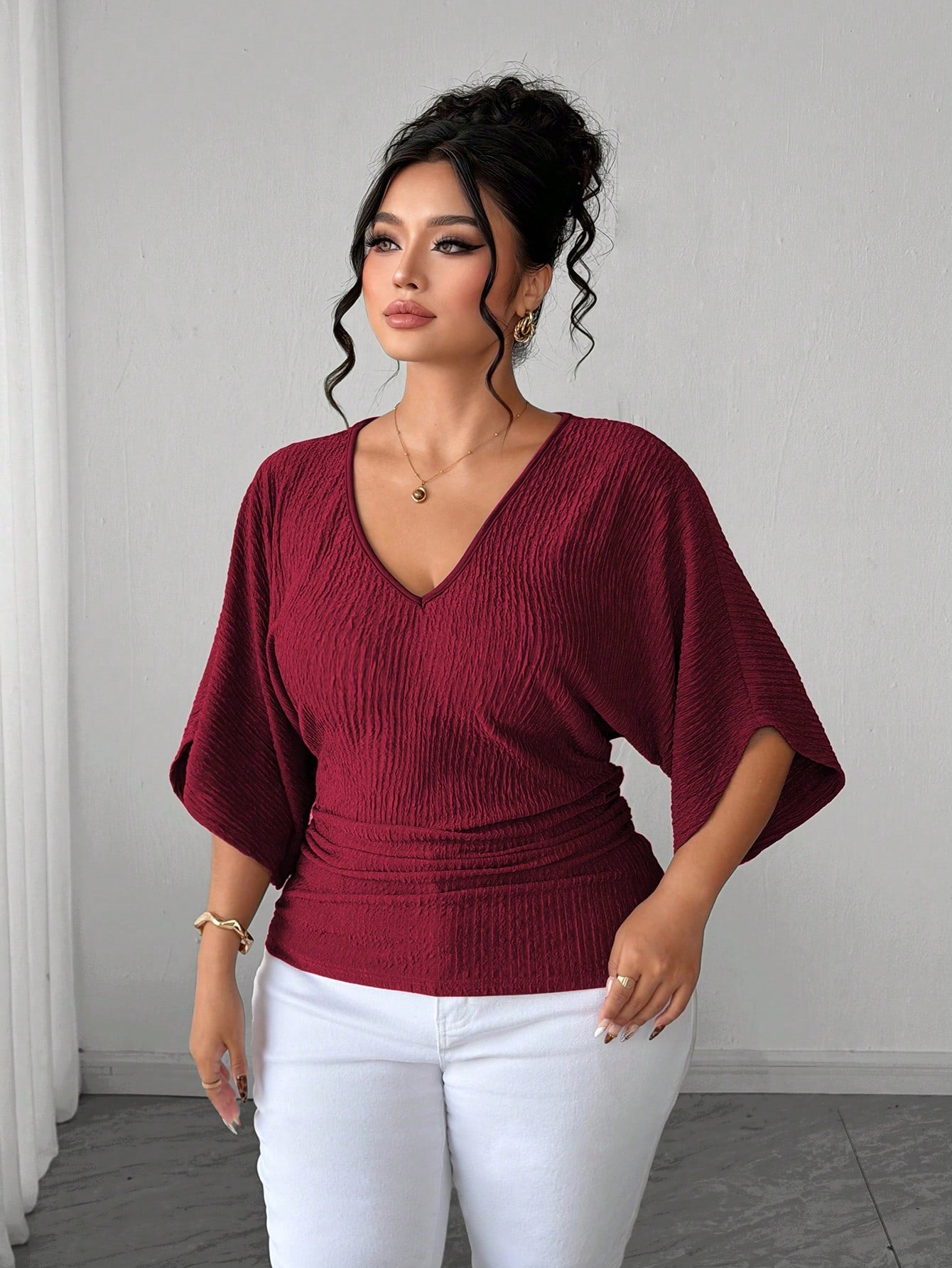 Elenzga Fashion Casual French Vintage Vacation Elegant Commute V-Neck Dolman Sleeve Cinched Waist Textured Fabric T-Shirt