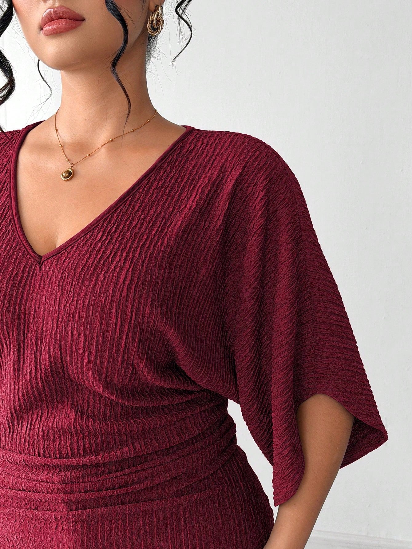 Elenzga Fashion Casual French Vintage Vacation Elegant Commute V-Neck Dolman Sleeve Cinched Waist Textured Fabric T-Shirt