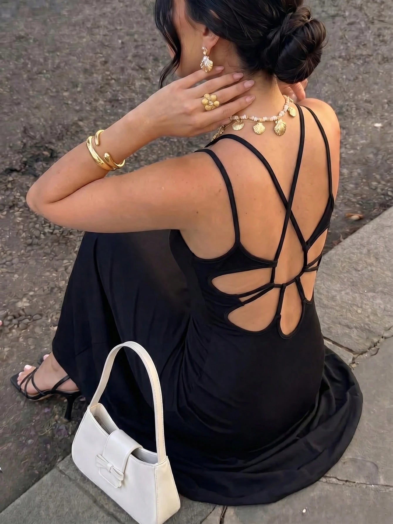 Elenzga French Elegant Black Backless Long Dress, Spaghetti Strap, Hollow Out Cinched Waist, Suitable For Dates