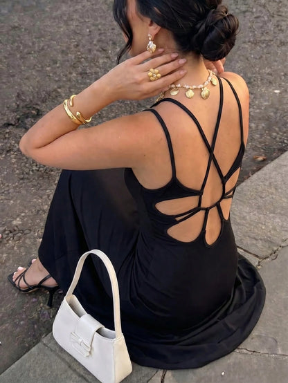 Elenzga French Elegant Black Backless Long Dress, Spaghetti Strap, Hollow Out Cinched Waist, Suitable For Dates