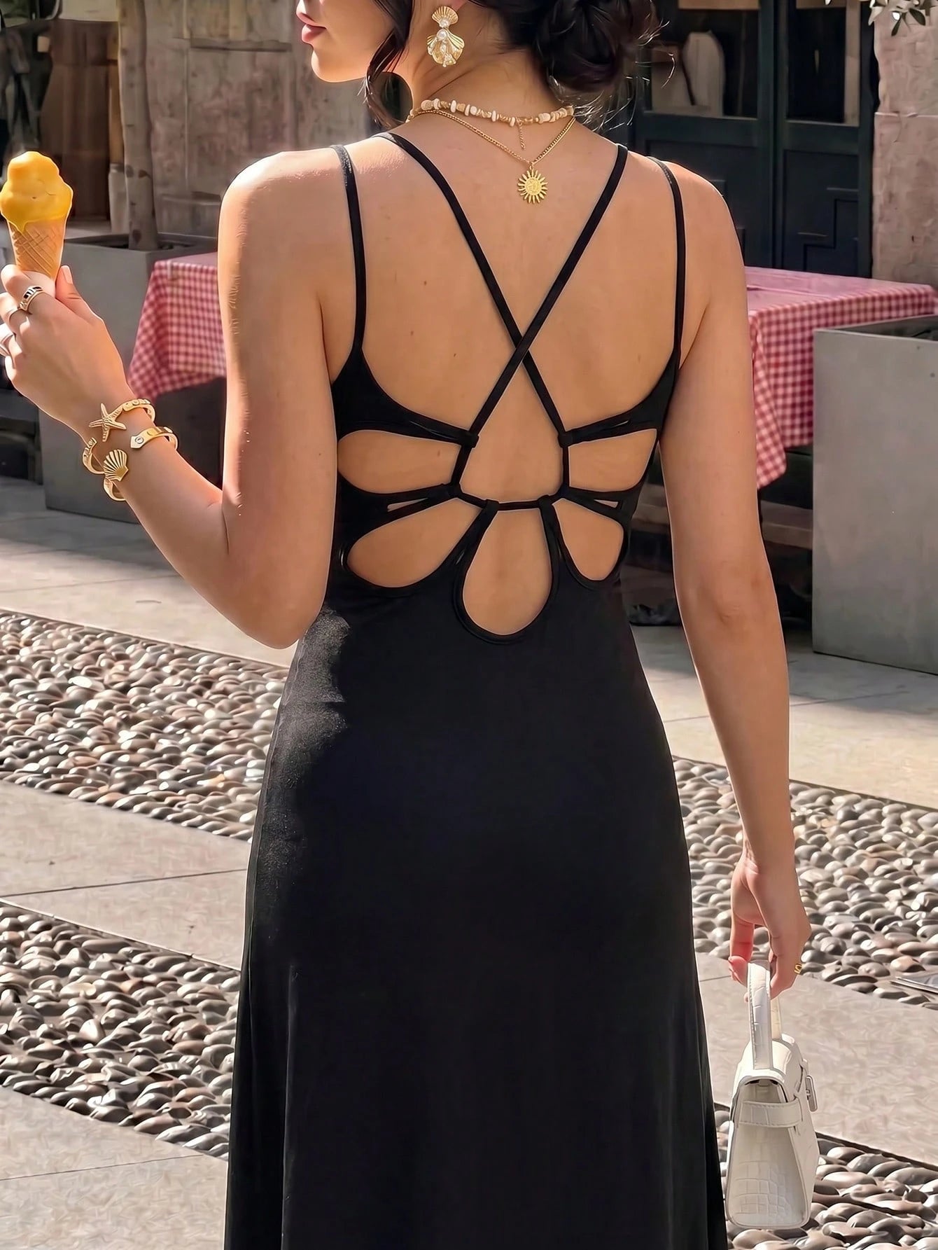 Elenzga French Elegant Black Backless Long Dress, Spaghetti Strap, Hollow Out Cinched Waist, Suitable For Dates
