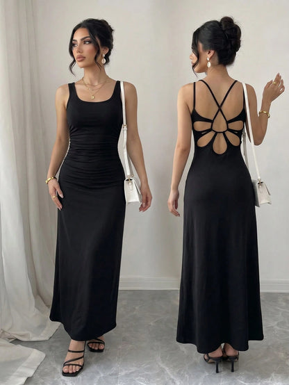 Elenzga French Elegant Black Backless Long Dress, Spaghetti Strap, Hollow Out Cinched Waist, Suitable For Dates