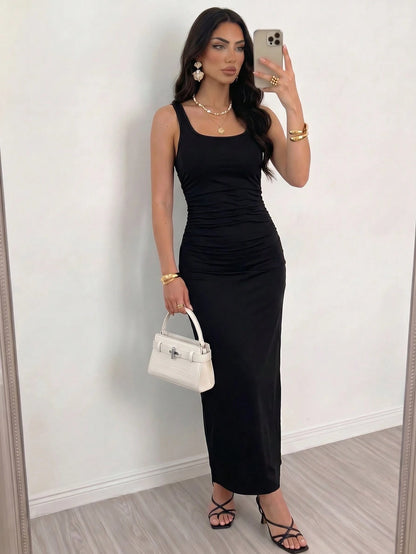 Elenzga French Elegant Black Backless Long Dress, Spaghetti Strap, Hollow Out Cinched Waist, Suitable For Dates