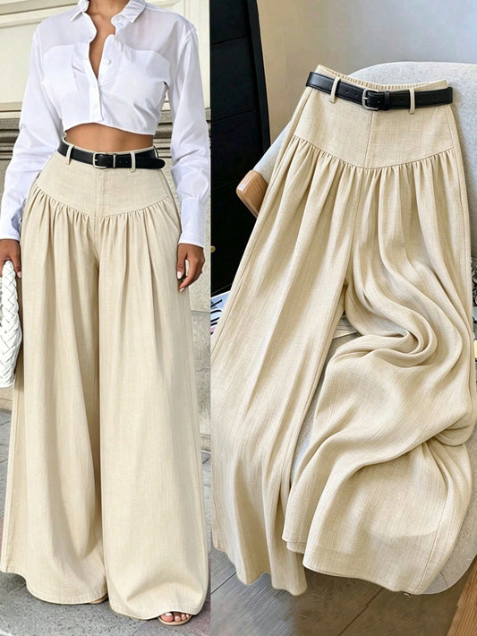 Elenzga French Style Draped Wide Leg Pants, Slimming Textured Navy Blue Elegant Commute Casual Women's Long Pants