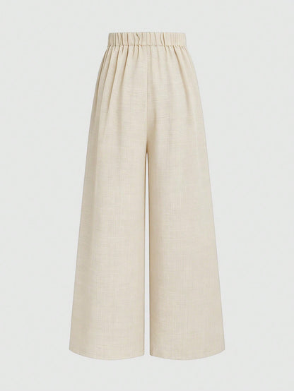 Elenzga French Style Draped Wide Leg Pants, Slimming Textured Navy Blue Elegant Commute Casual Women's Long Pants