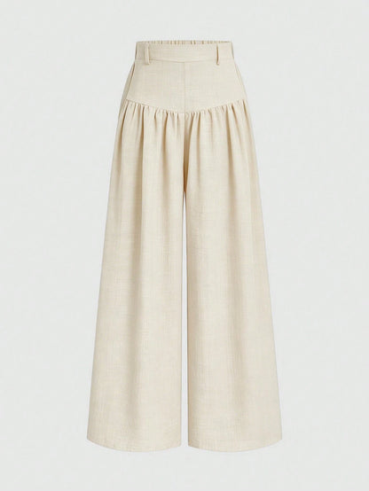 Elenzga French Style Draped Wide Leg Pants, Slimming Textured Navy Blue Elegant Commute Casual Women's Long Pants