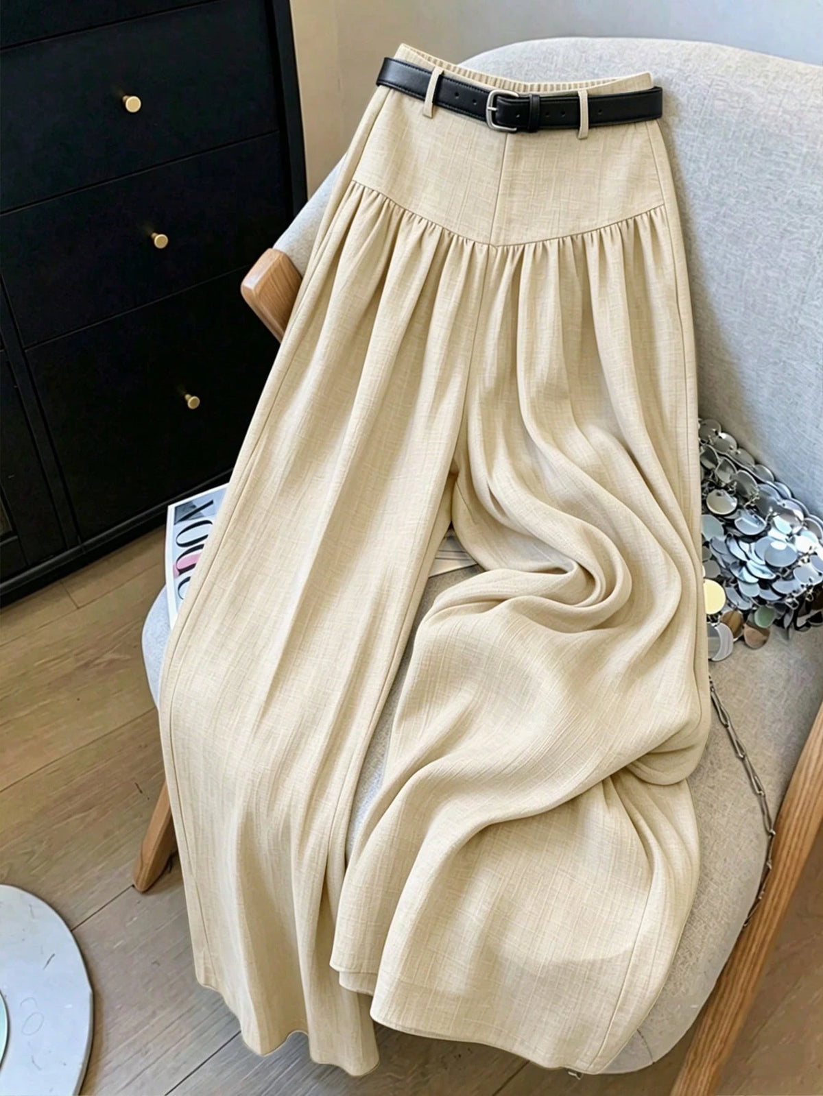 Elenzga French Style Draped Wide Leg Pants, Slimming Textured Navy Blue Elegant Commute Casual Women's Long Pants