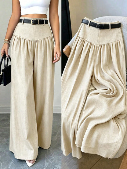 Elenzga French Style Draped Wide Leg Pants, Slimming Textured Navy Blue Elegant Commute Casual Women's Long Pants