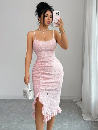 Elenzga New Arrival Elegant Sexy French Style Textured Jacquard Design Spaghetti Strap Backless Fitted Bodycon Mini Dress With Frill Trim For Women