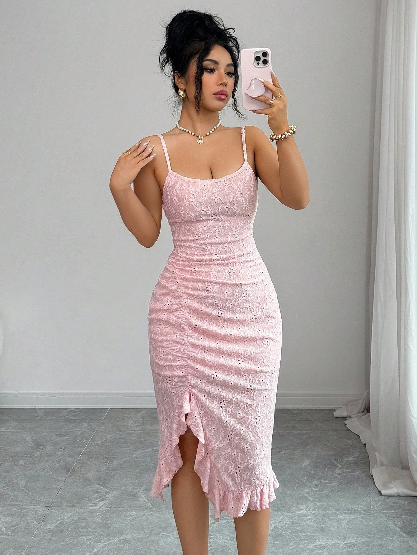 Elenzga New Arrival Elegant Sexy French Style Textured Jacquard Design Spaghetti Strap Backless Fitted Bodycon Mini Dress With Frill Trim For Women