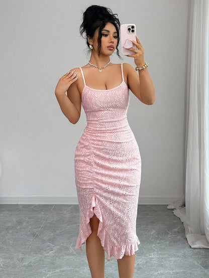 Elenzga New Arrival Elegant Sexy French Style Textured Jacquard Design Spaghetti Strap Backless Fitted Bodycon Mini Dress With Frill Trim For Women