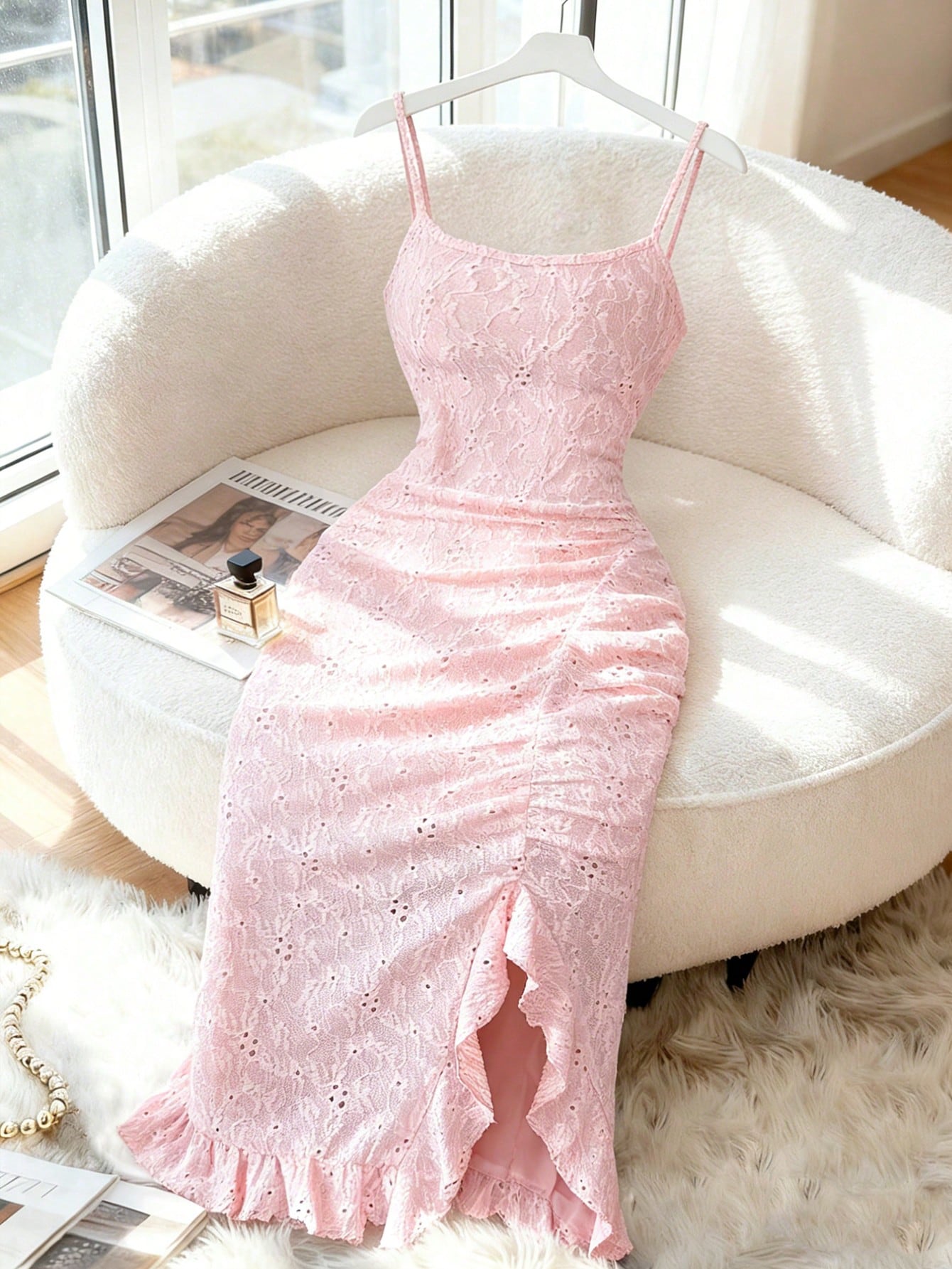 Elenzga New Arrival Elegant Sexy French Style Textured Jacquard Design Spaghetti Strap Backless Fitted Bodycon Mini Dress With Frill Trim For Women