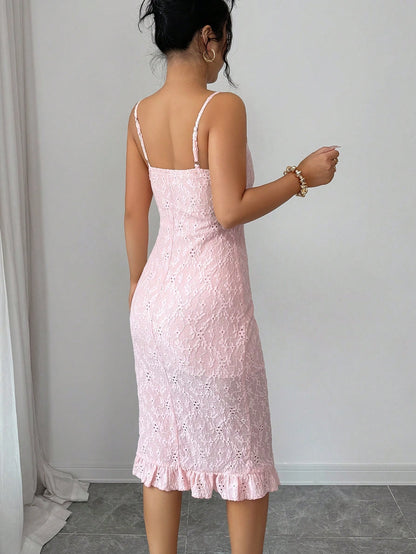 Elenzga New Arrival Elegant Sexy French Style Textured Jacquard Design Spaghetti Strap Backless Fitted Bodycon Mini Dress With Frill Trim For Women