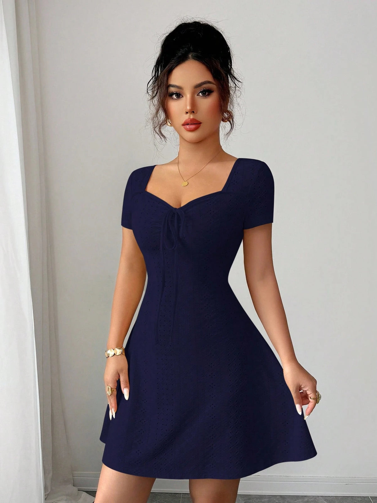 Elenzga New Summer Buttercream Knitted Jacquard Sexy Slim Fit Tie-Front Mini Dress For Women