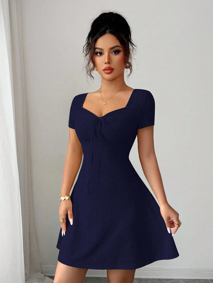 Elenzga New Summer Buttercream Knitted Jacquard Sexy Slim Fit Tie-Front Mini Dress For Women