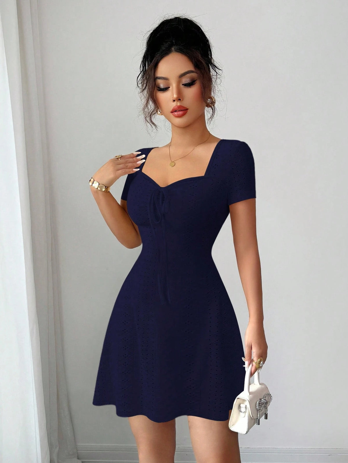 Elenzga New Summer Buttercream Knitted Jacquard Sexy Slim Fit Tie-Front Mini Dress For Women