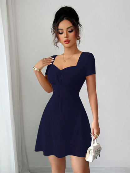 Elenzga New Summer Buttercream Knitted Jacquard Sexy Slim Fit Tie-Front Mini Dress For Women