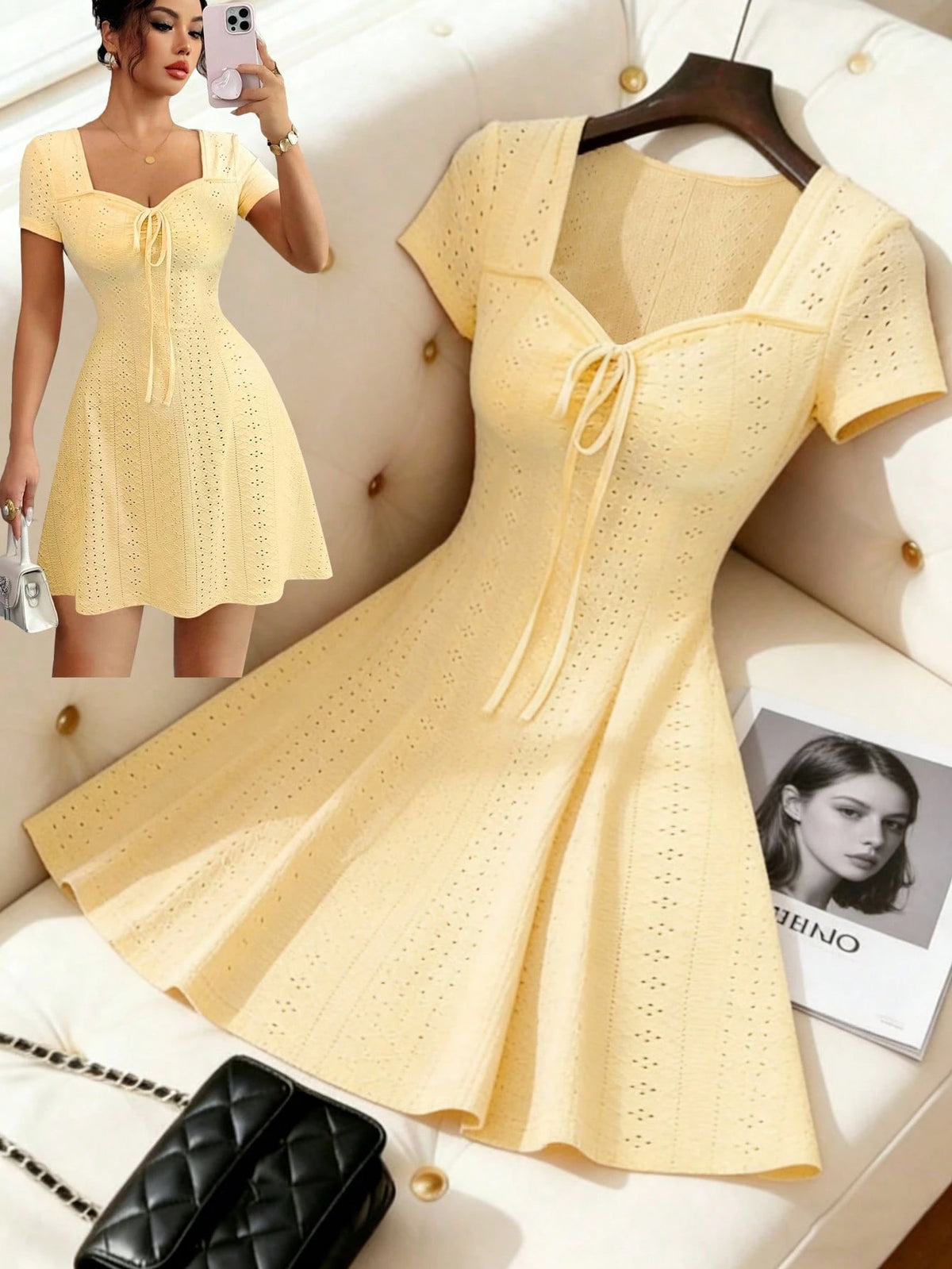 Elenzga New Summer Buttercream Knitted Jacquard Sexy Slim Fit Tie-Front Mini Dress For Women