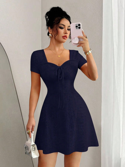 Elenzga New Summer Buttercream Knitted Jacquard Sexy Slim Fit Tie-Front Mini Dress For Women