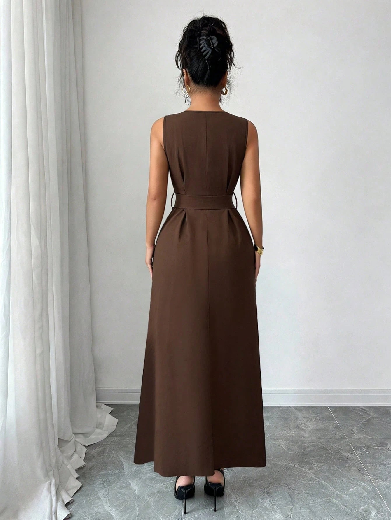 Elenzga New Women's Sleeveless V-Neck Woven Cardigan With Metal Ring Decor, Elegant Fitted Long Dress, Versatile