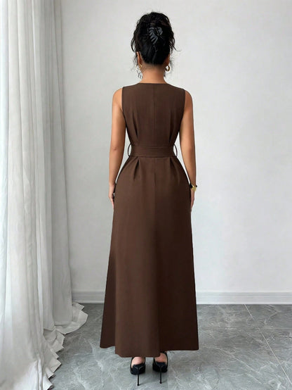 Elenzga New Women's Sleeveless V-Neck Woven Cardigan With Metal Ring Decor, Elegant Fitted Long Dress, Versatile