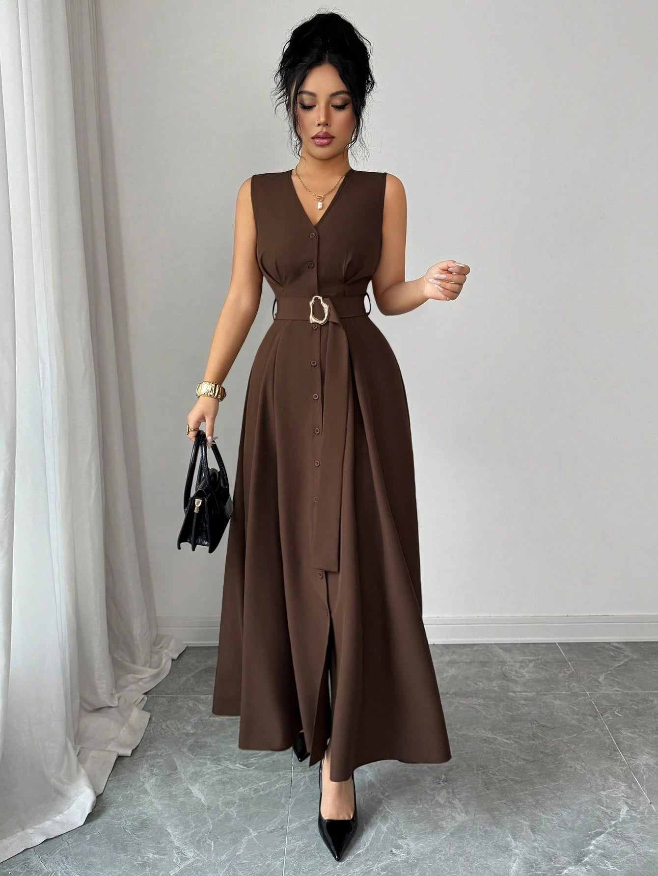 Elenzga New Women's Sleeveless V-Neck Woven Cardigan With Metal Ring Decor, Elegant Fitted Long Dress, Versatile