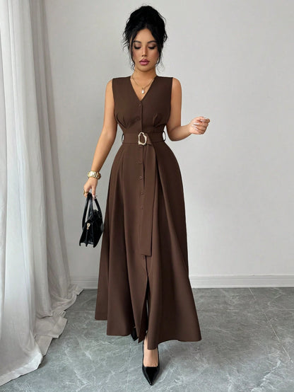 Elenzga New Women's Sleeveless V-Neck Woven Cardigan With Metal Ring Decor, Elegant Fitted Long Dress, Versatile