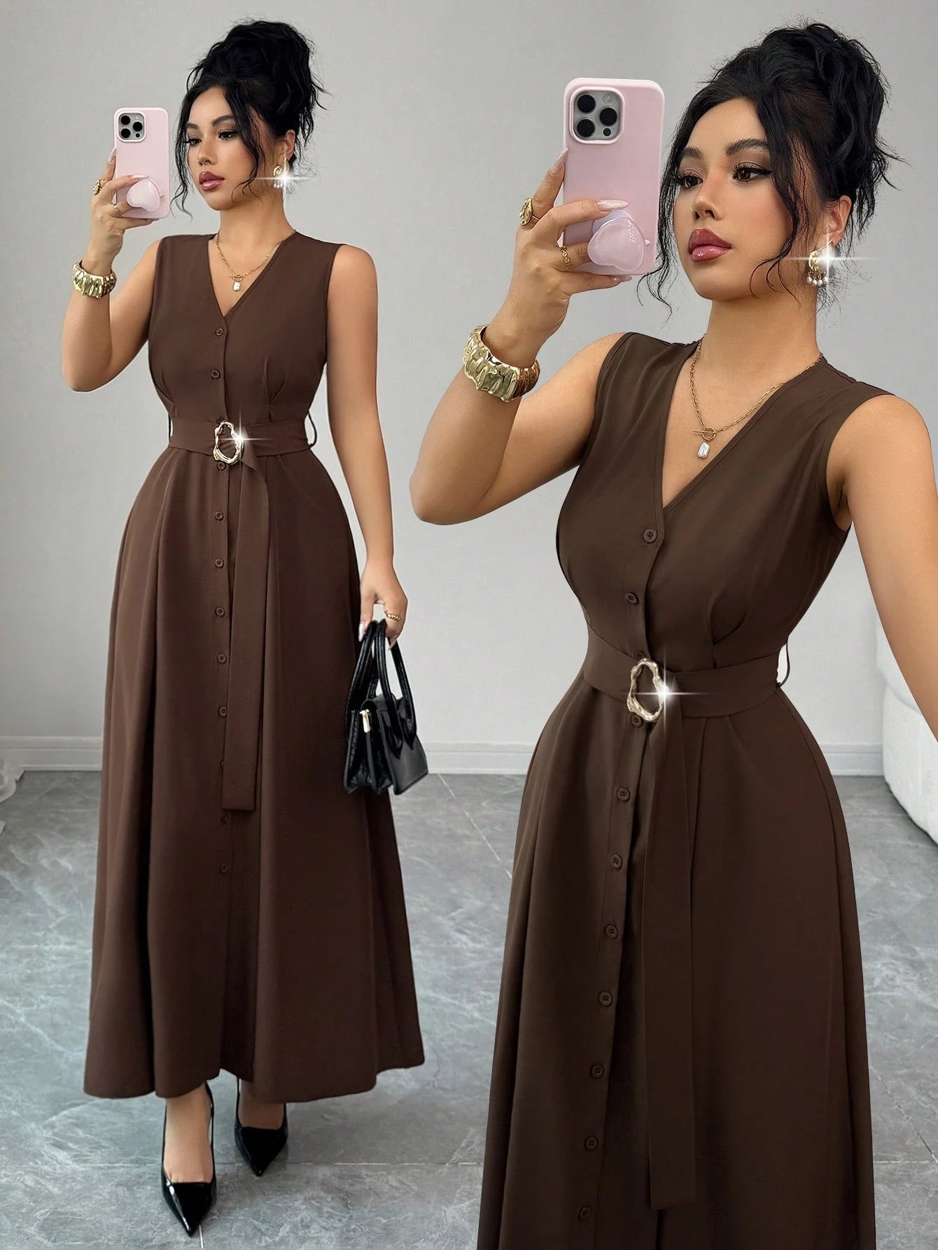 Elenzga New Women's Sleeveless V-Neck Woven Cardigan With Metal Ring Decor, Elegant Fitted Long Dress, Versatile