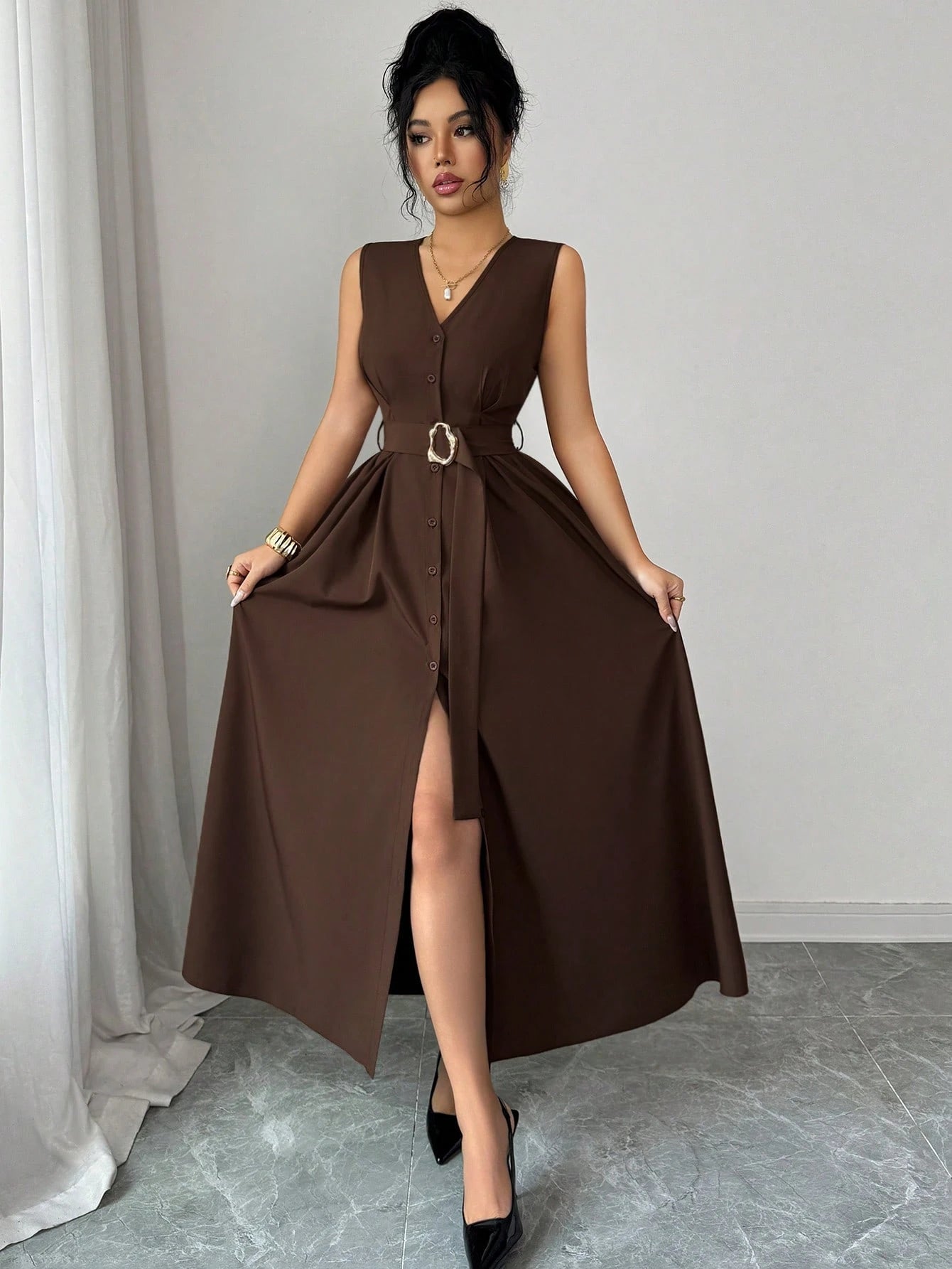 Elenzga New Women's Sleeveless V-Neck Woven Cardigan With Metal Ring Decor, Elegant Fitted Long Dress, Versatile