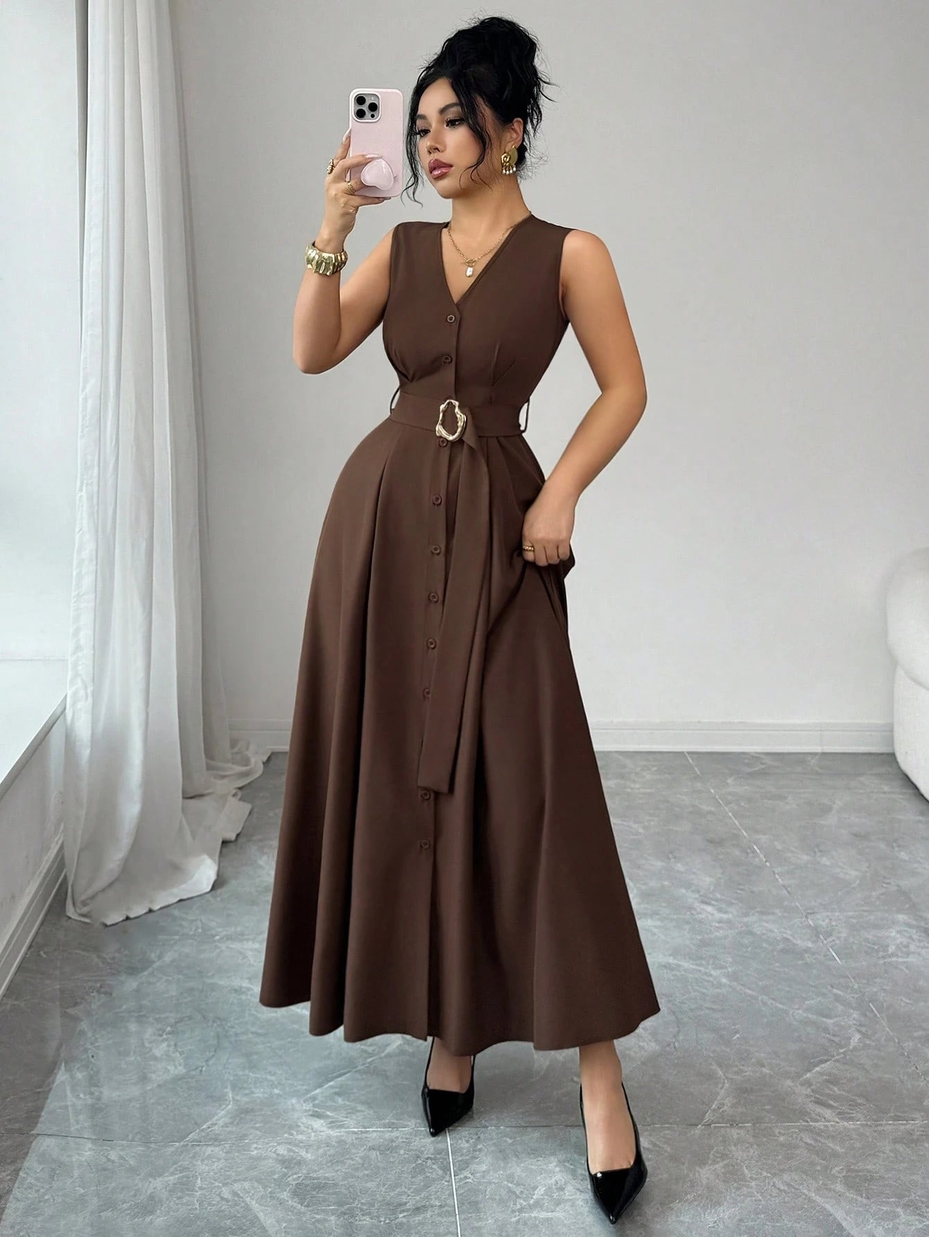 Elenzga New Women's Sleeveless V-Neck Woven Cardigan With Metal Ring Decor, Elegant Fitted Long Dress, Versatile