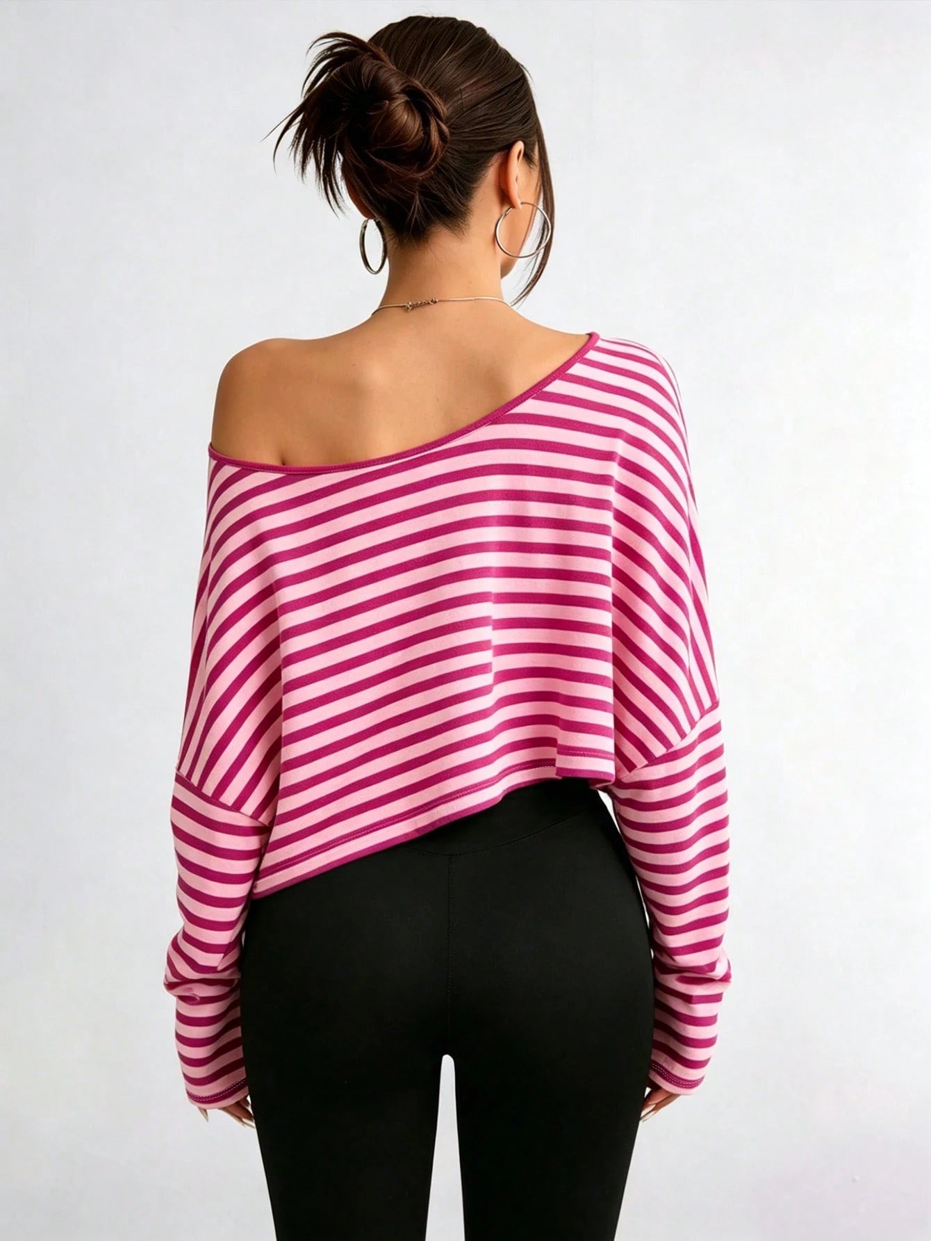 Elenzga Plus Size Women's Asymmetric Collar Long Sleeve Cropped Casual T-Shirt, Stripe Graphic, Autumn Fall