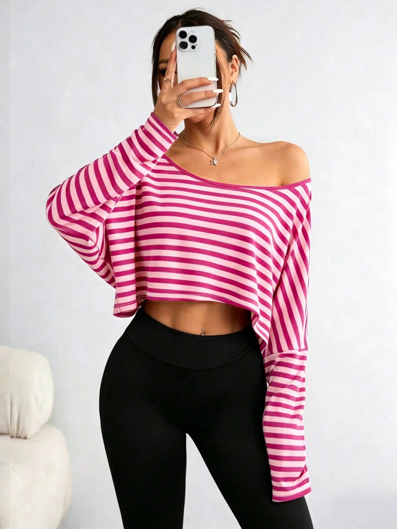 Elenzga Plus Size Women's Asymmetric Collar Long Sleeve Cropped Casual T-Shirt, Stripe Graphic, Autumn Fall
