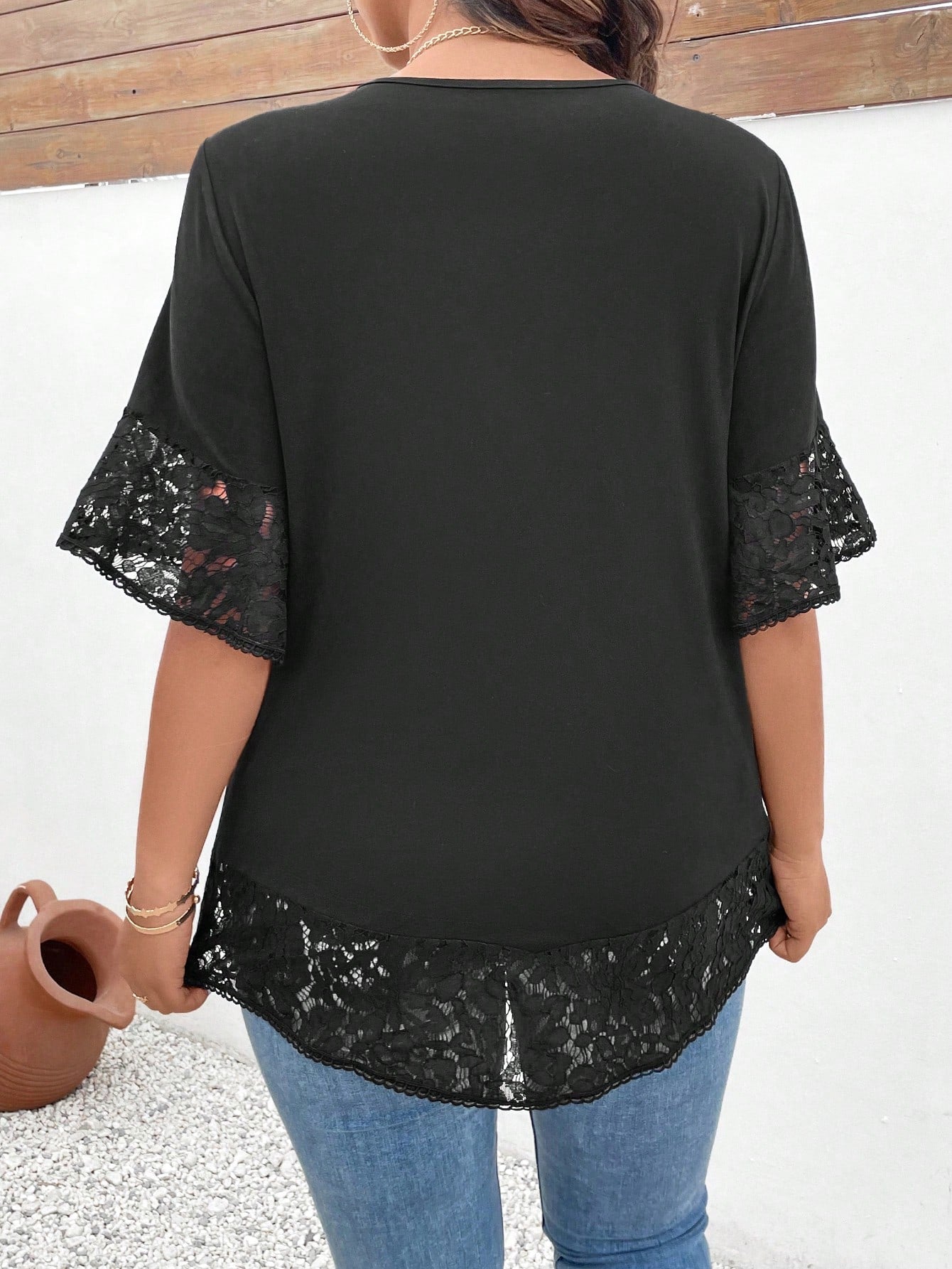 Elenzga Plus Size Women's Lace Patchwork Short Sleeve T-Shirt