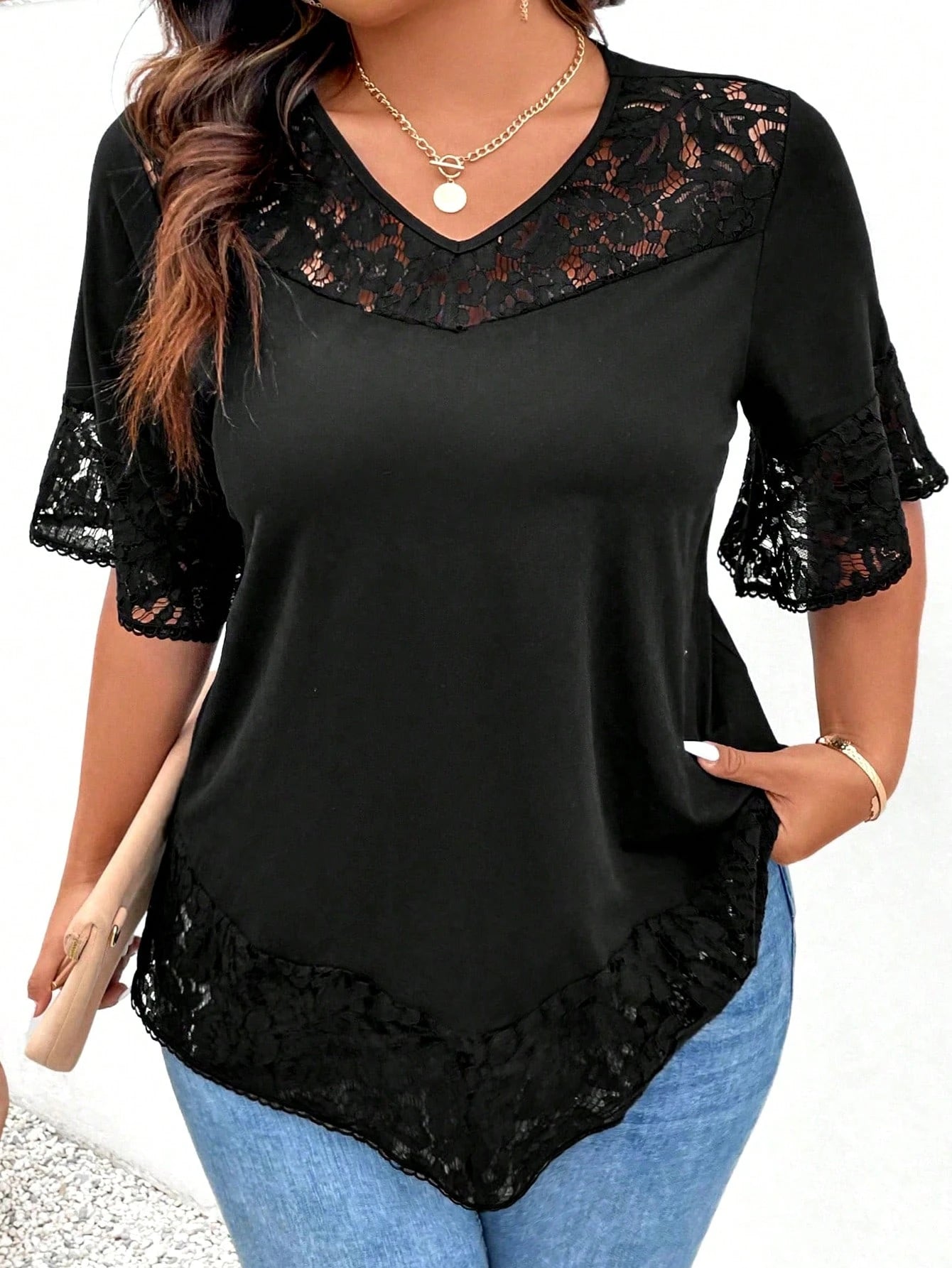 Elenzga Plus Size Women's Lace Patchwork Short Sleeve T-Shirt
