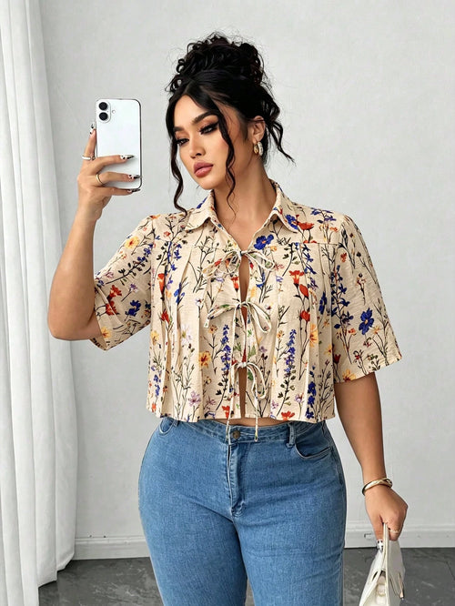 Elenzga Plus Size Women's Pleated Bow Front Short Elegant Blouse
