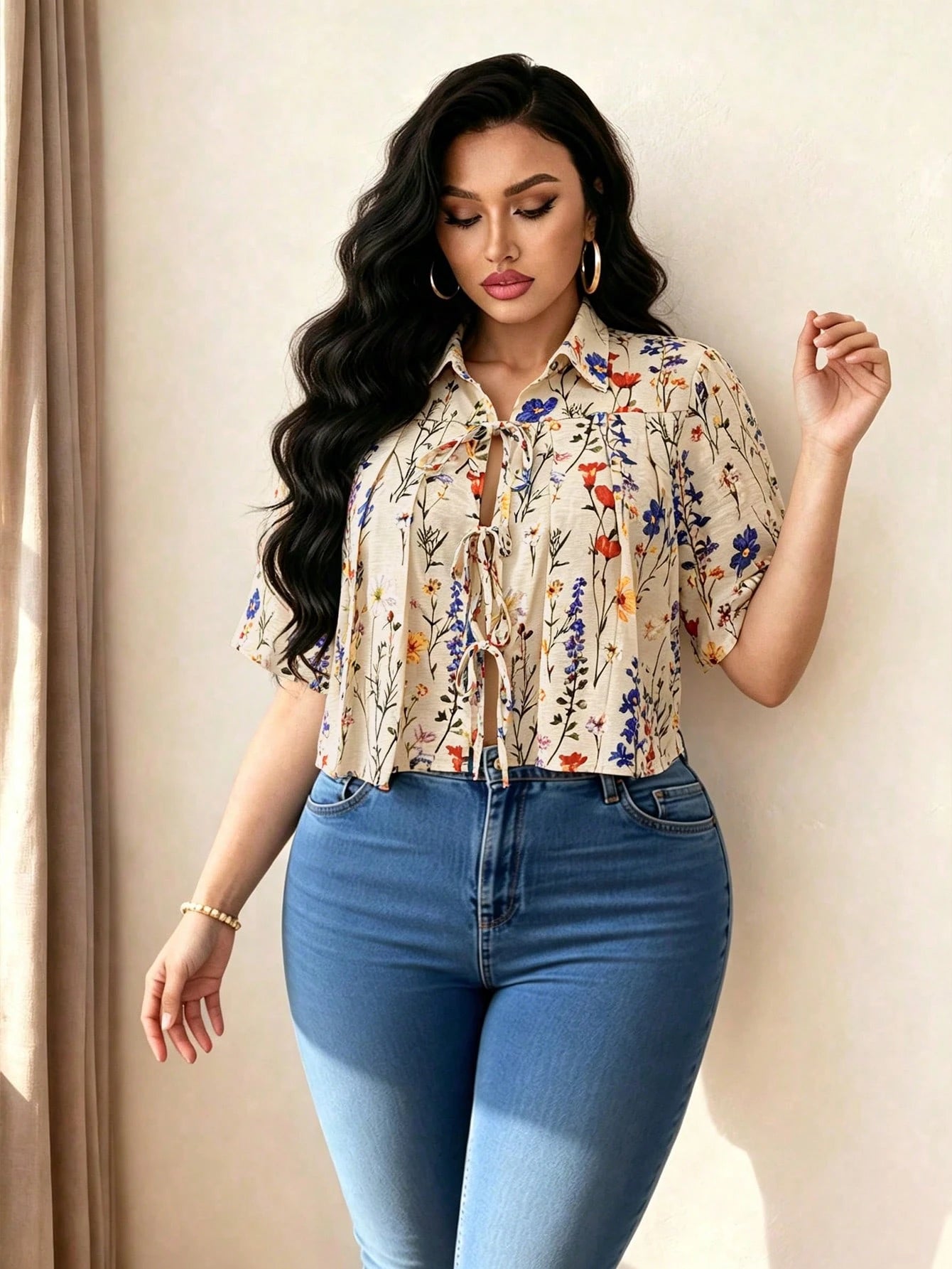 Elenzga Plus Size Women's Pleated Bow Front Short Elegant Blouse