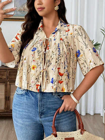 Elenzga Plus Size Women's Pleated Bow Front Short Elegant Blouse