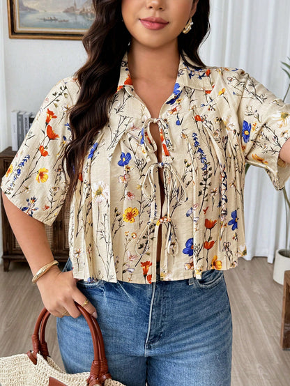 Elenzga Plus Size Women's Pleated Bow Front Short Elegant Blouse