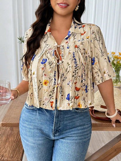 Elenzga Plus Size Women's Pleated Bow Front Short Elegant Blouse