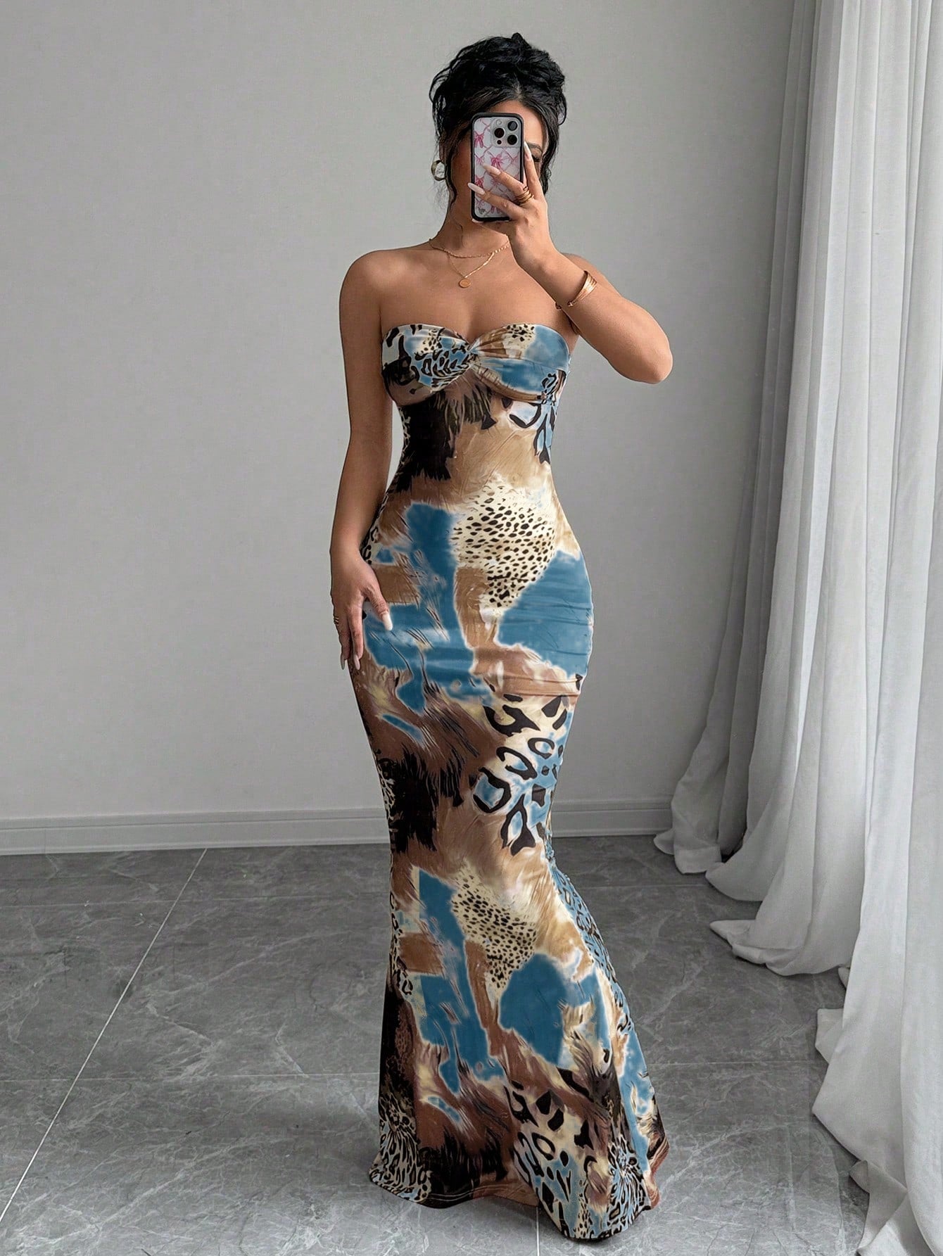 Elenzga Sleeveless Twist Cutout Back Tie Up Bodycon Maxi Leopard Print Dress